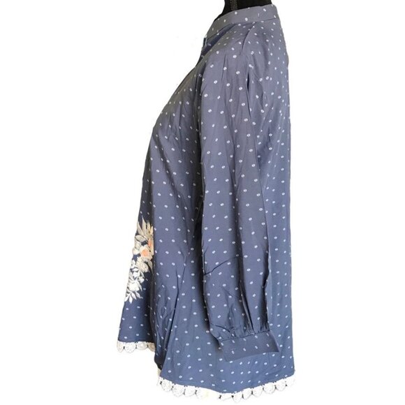 Pacific Women's Flowy Button Down Floral Embroidered Blouse in Blue - Size M - Picture 2 of 5
